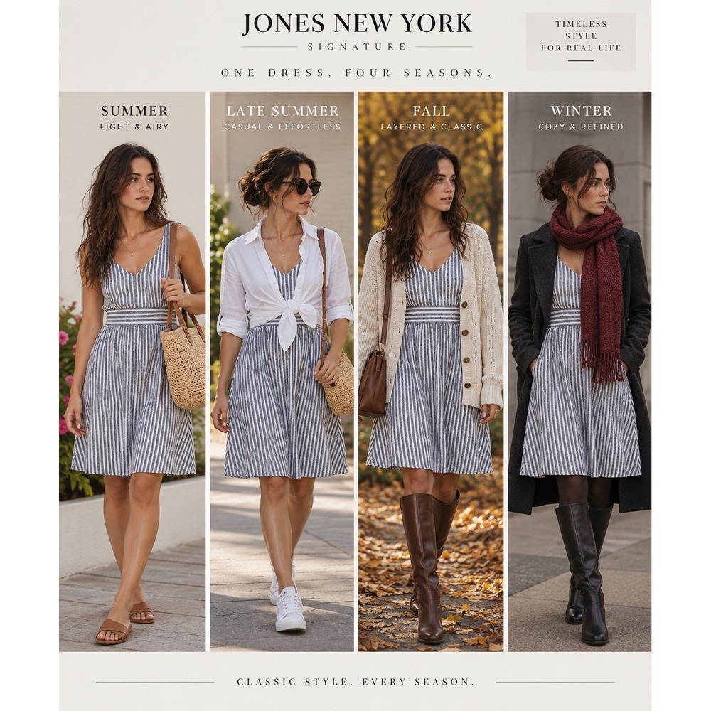 Jones New York Signature Blue White Seersucker Stripe Midi Dress Size 8